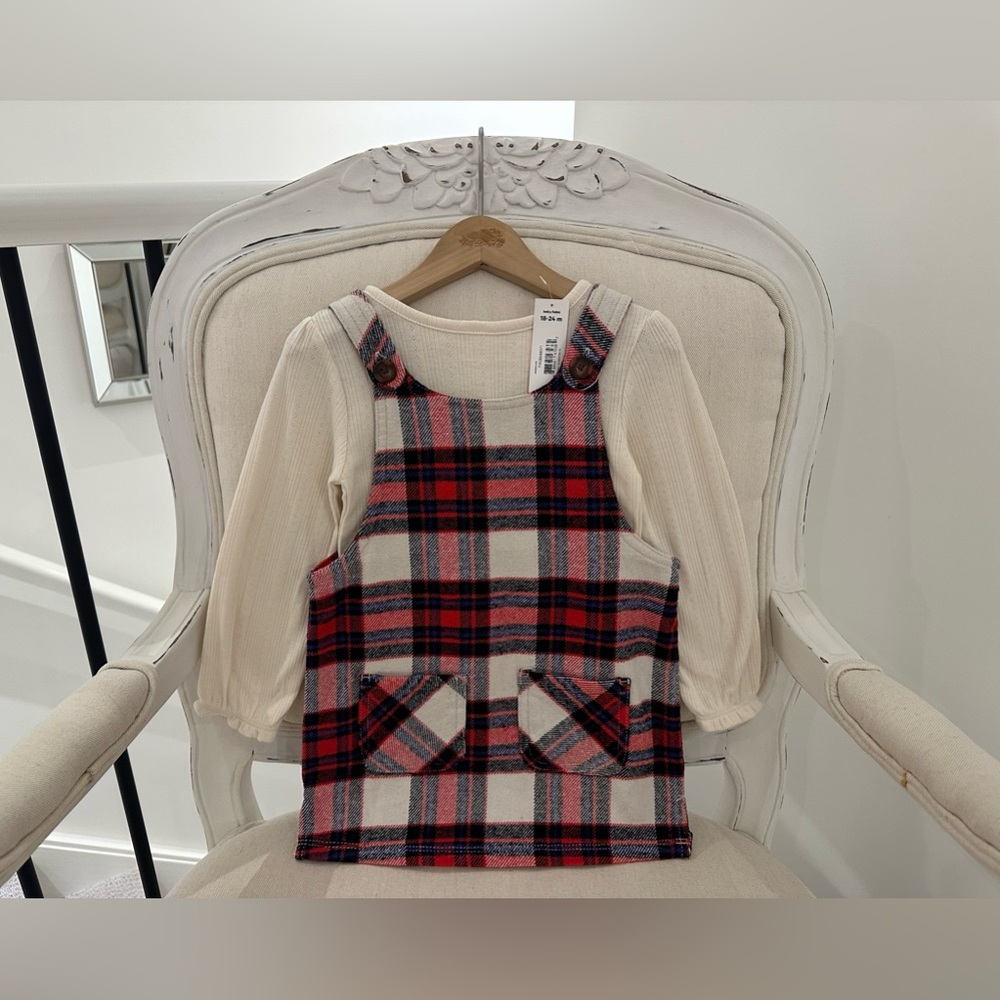 🦢 Baby 18~24 Mth Plaid Pinafore Dress & Pointelle Knit Top 2 Piece Set NWT